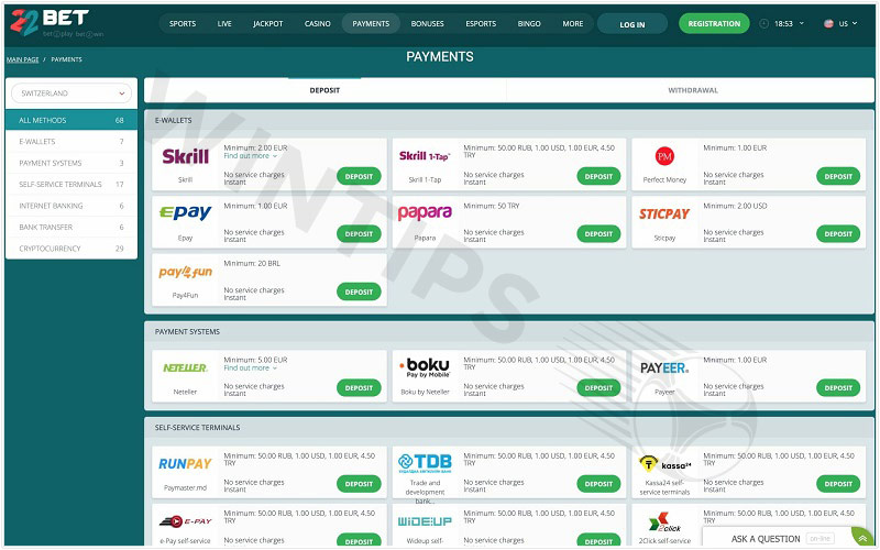 Wide range of payment methods at 22Bet