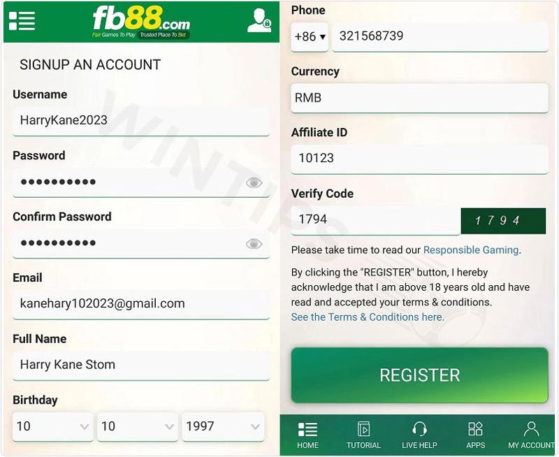 Fill in the FB88 mobile registration form