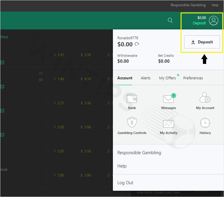 Select Deposit on the Bet365 interface