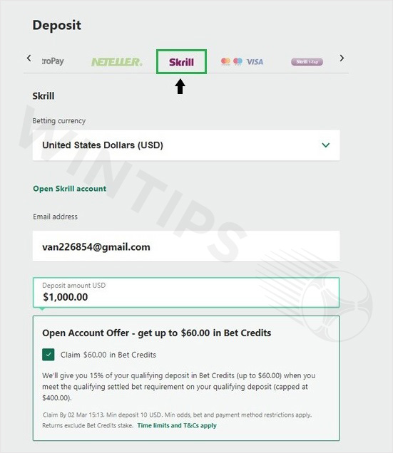 Select the Skrill method and enter the deposit information