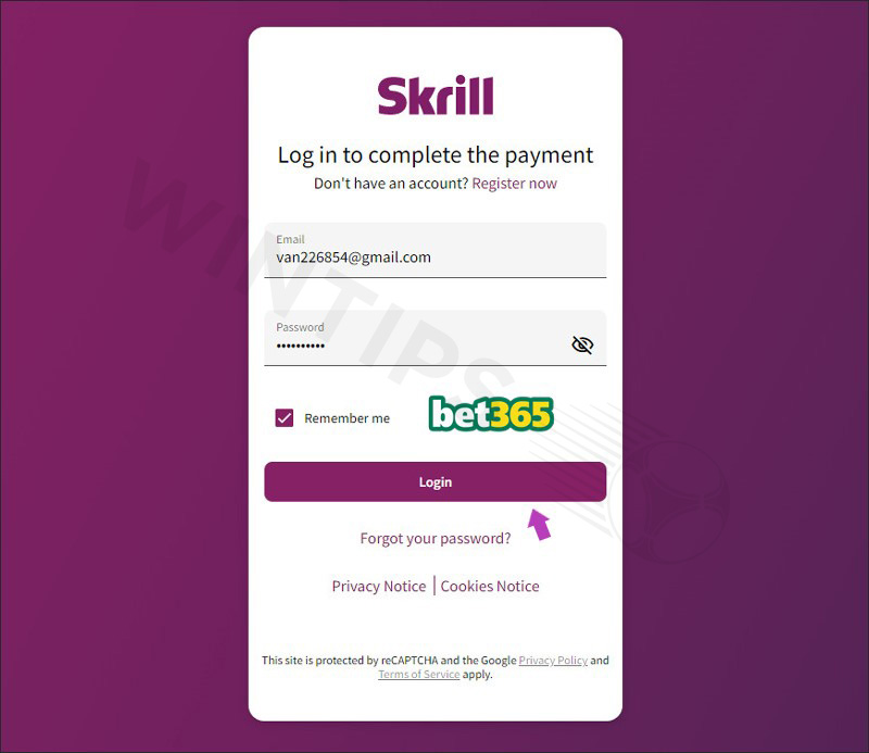 Log in to Skrill to confirm deposit to Bet365 bookmaker