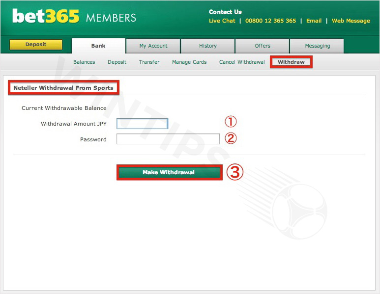Fill in bet365 withdrawal information with Visa/Mastercard