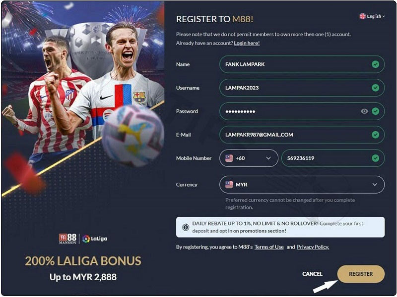 Fill in the required M88 bookmaker registration information