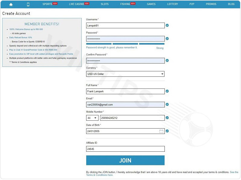 Computer W88 account registration information form