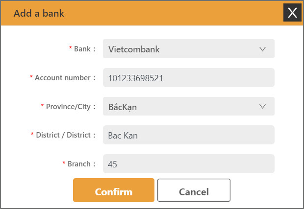 Fill in the transaction bank information