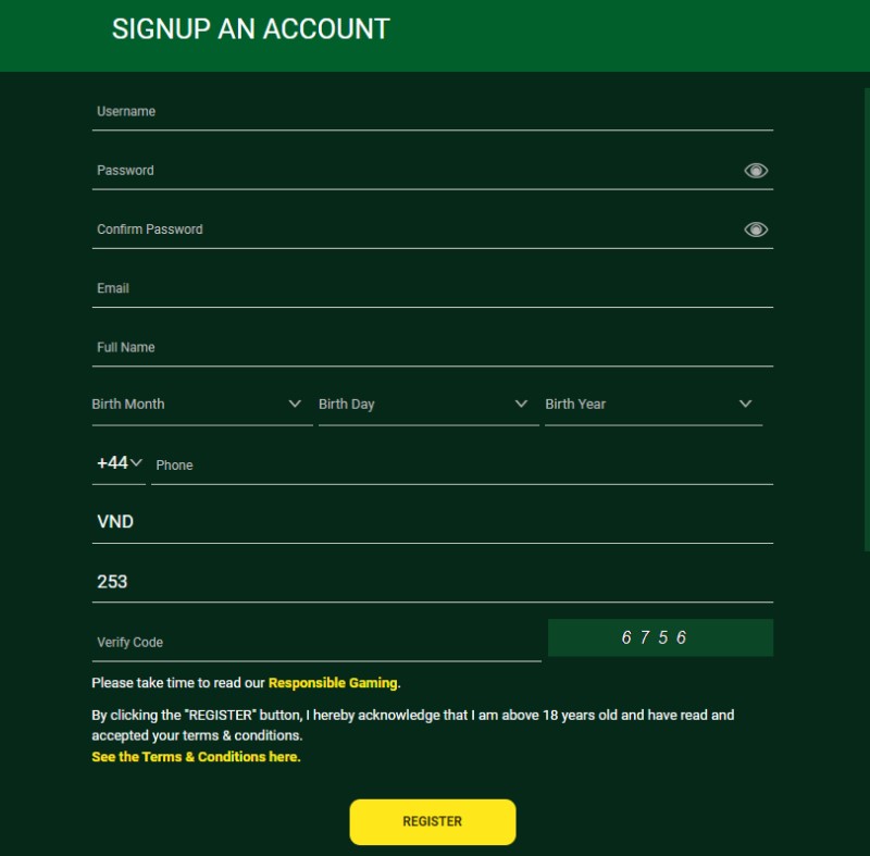 Fill in the registration information for a football betting account
