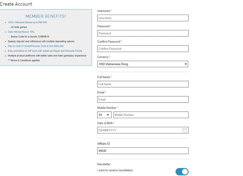 Fill in W88 account registration information