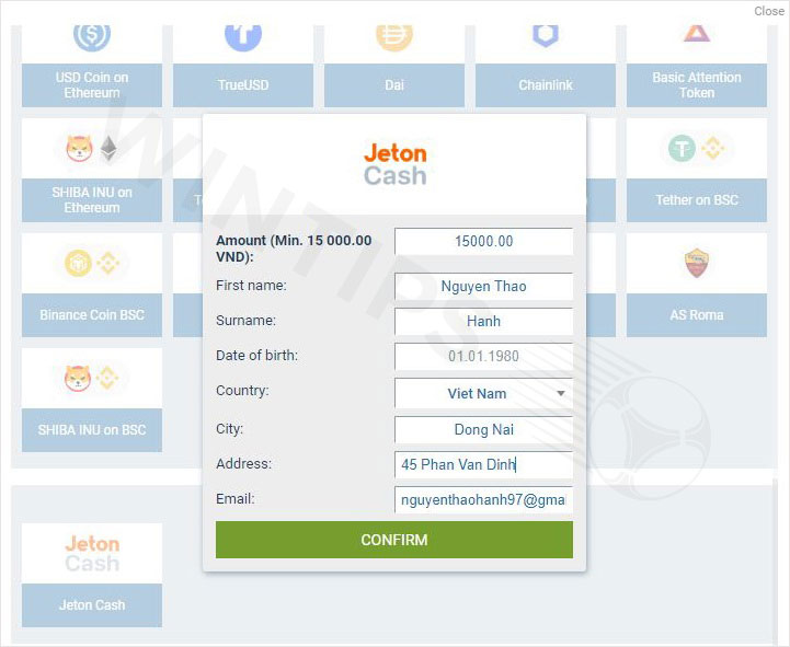 Click on Jeton Cash and fill in the form