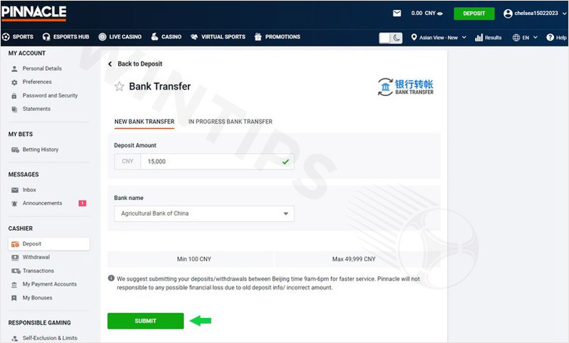 Fill in the amount to deposit and select the bank to trade