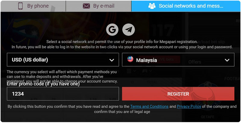 Register MEGAPAR by Social networks and messenger