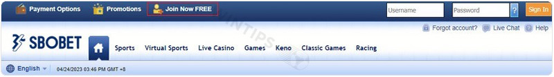 The "Join Free Now" section is displayed in the left corner of the Sbobet bookmaker interface