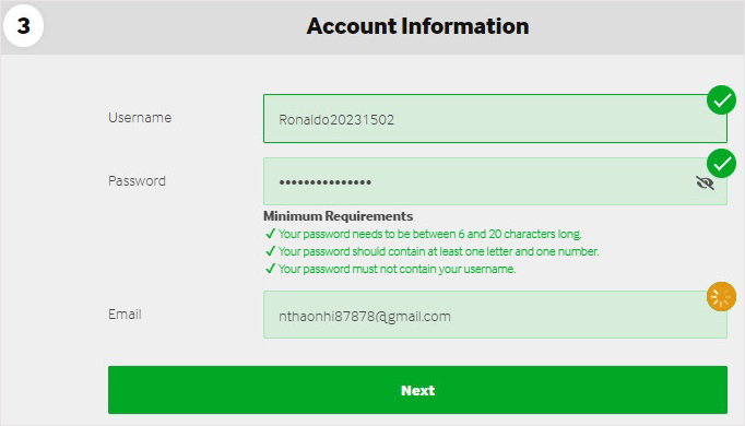Enter account information to create with Betway