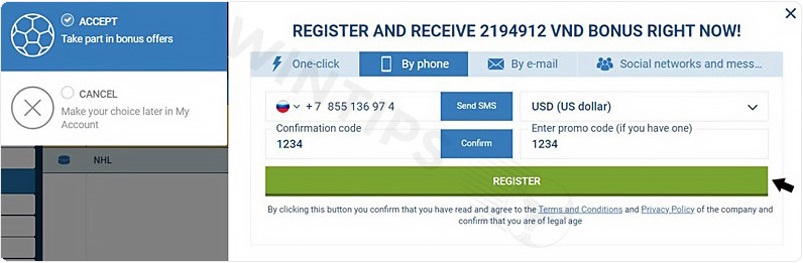 Register 1XBET account with By phone