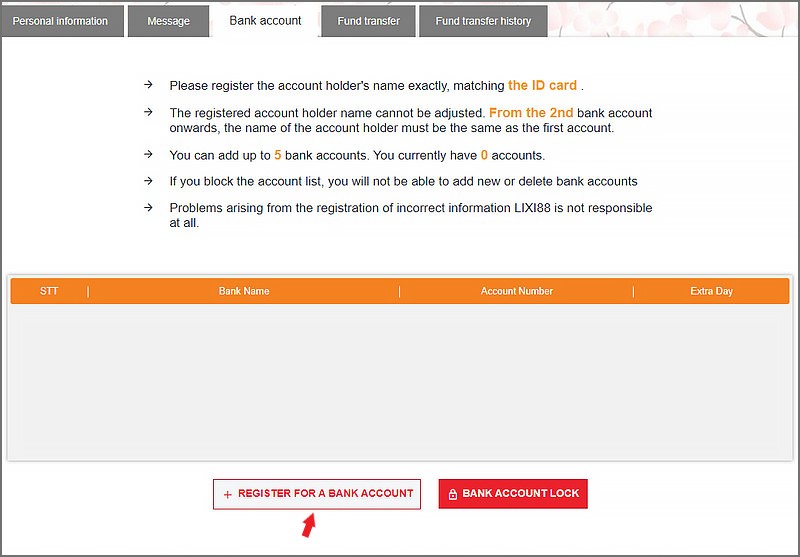 Bank account registration interface