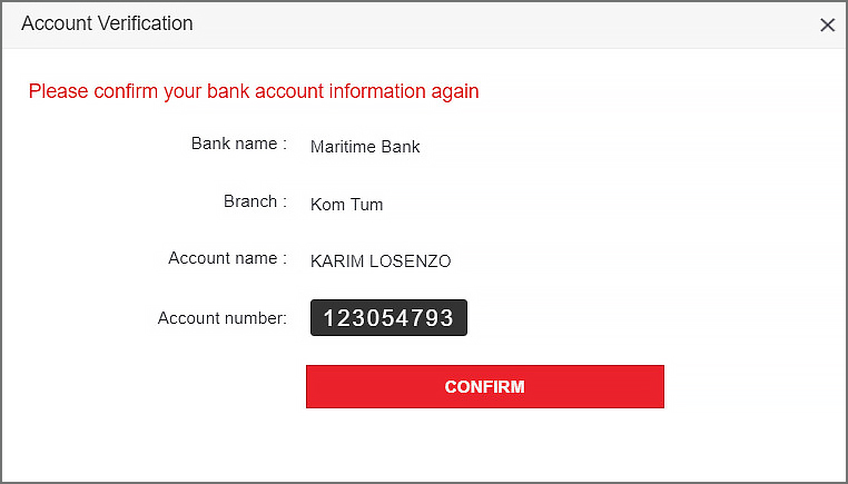 Confirm the creation of a bank account