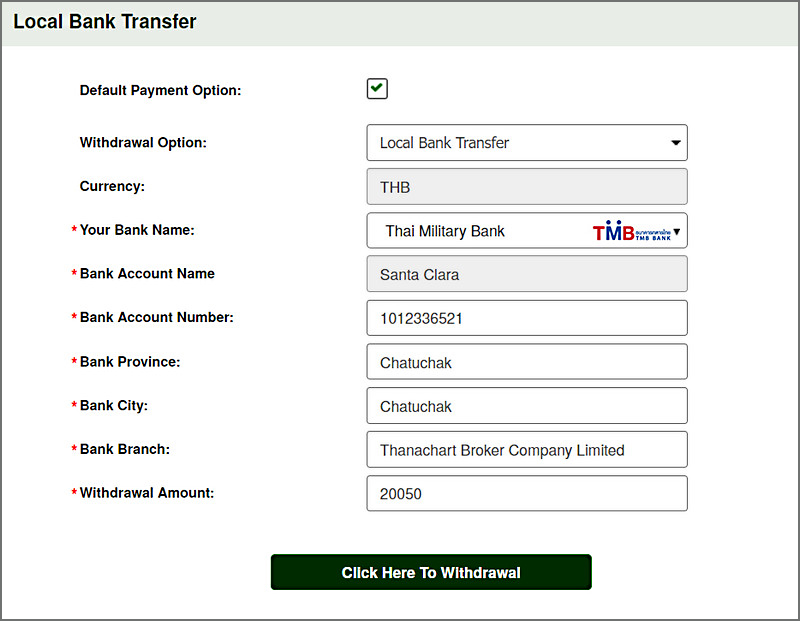Select a bank and fill in the Withdrawal information